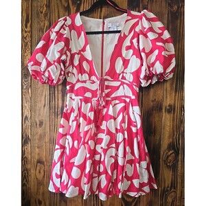 House Of Harlow 1960 Pink White Floral Puff Sleeve Linen Mini Dress, Size 4